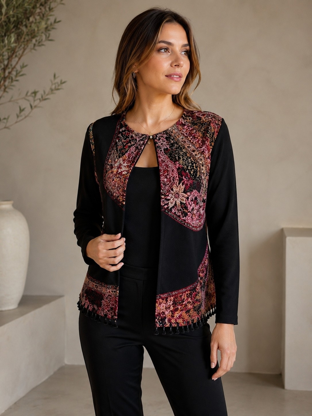MSK Black Jacket with Burgundy and Pink Floral Panels